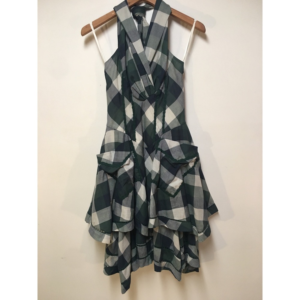 Eucalyptus Antoinette Dress Women Size 8 Green Plaid Halter Ruffle Cotton Knee